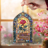 Rose and Books Acrylic Suncatcher, Stained Glass Style Window Panel, Literary Beauty Floral Art Gift for Book Lover Home Decor